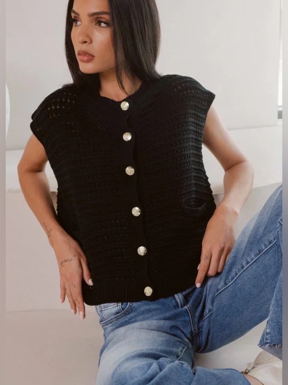 Elan Black Crochet Button-Front Sweater Vest